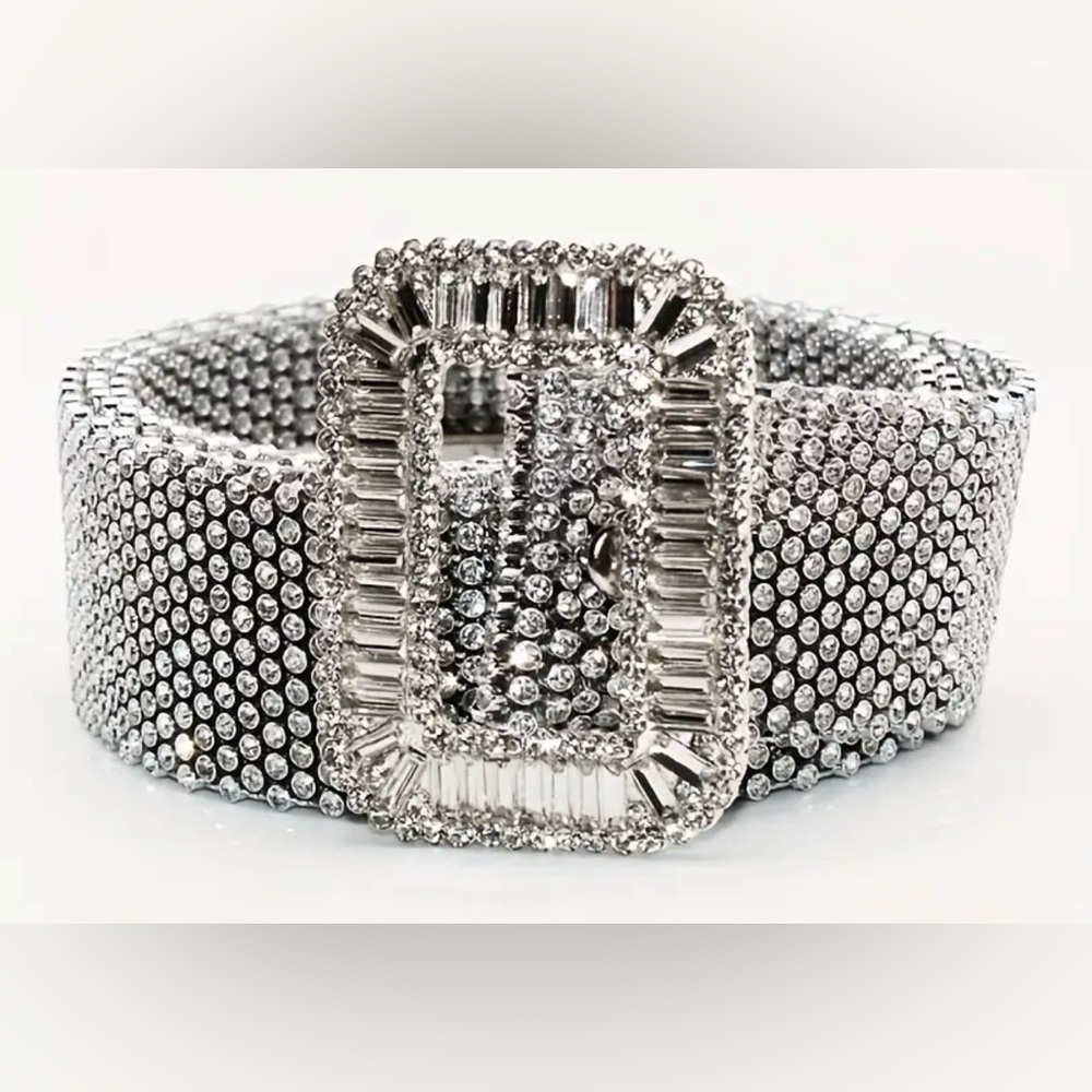 Silver Rhinestone Belt With Rectangular Buckle - image 1